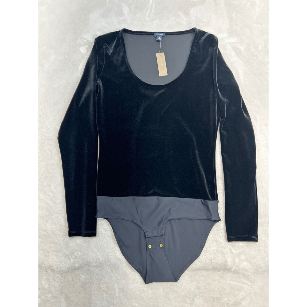 J.Crew Bodysuit Womens S Black Velvet Long Sleeve Scoop Neck Snaps Holiday NWT